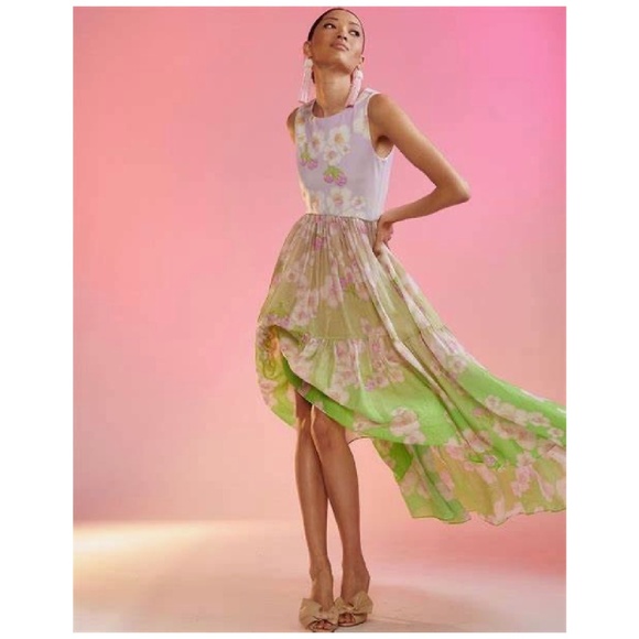 Cynthia Rowley Ramie Tier Sleeveless Dress Floral High Low Pink Green Size Small - Picture 6 of 6